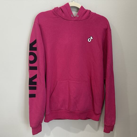 TikTok Logo Hoodie Pink Medium Unisex Pullover Sweatshirt Kangaroo Pocket - Picture 1 of 5
